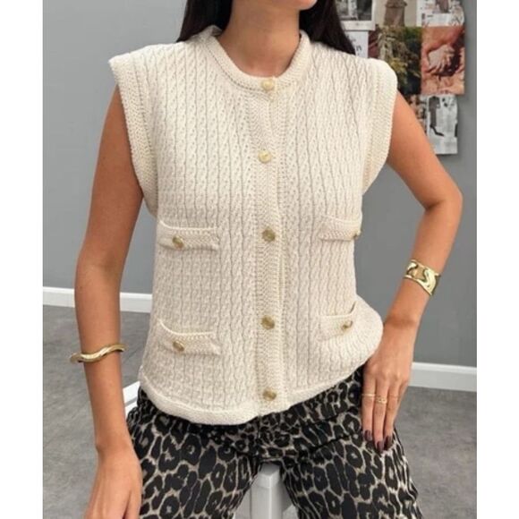 Zara knit crochet vest gold buttons M - Picture 7 of 7